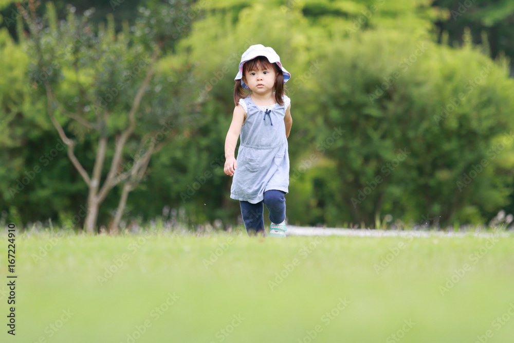 芝生の上を歩く幼児(2歳児)