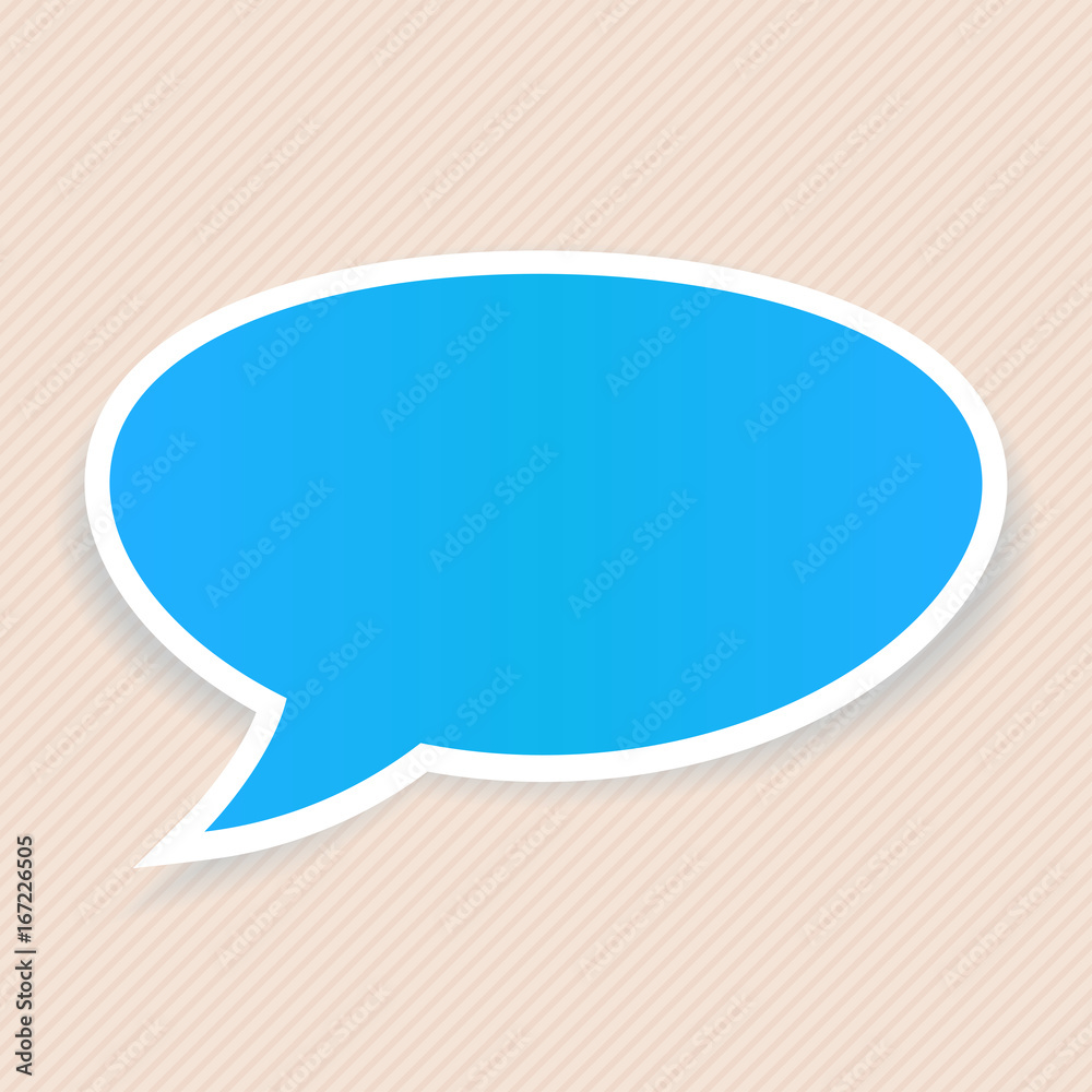 Speech bubble. Blue sticker label with white border. On beige background Speech bubble. Blue sticker label with white border. On beige background