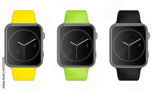 Trendy Colorful Raster Illustration of Aluminium Smart Watch with Smartwatch Interface show time