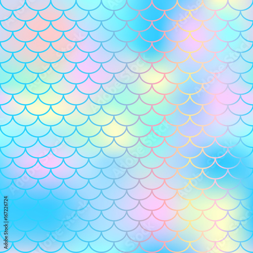 Magic mermaid tail background. Colorful seamless pattern with fish scale net. Blue pink mermaid skin surface.