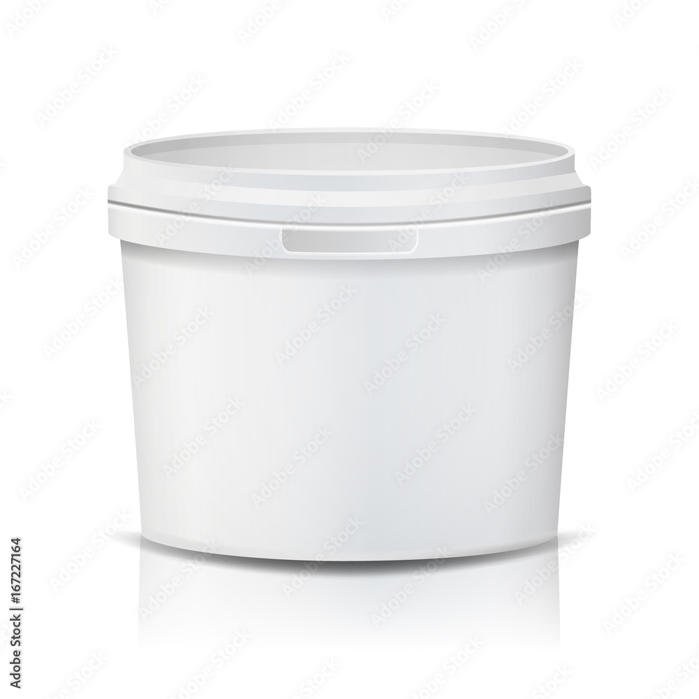 Plastic Bucket Vector. Realistic. Empty Clean. White Plastic Bucket For Dessert, Yogurt, Ice Cream, Sour Sream. Isolated On White Background Illustration Plastic Bucket Vector. Realistic. Empty Clean. White Plastic Bucket For Dessert, Yogurt, Ice Cream, Sour Sream. Isolated On White Background Illustration