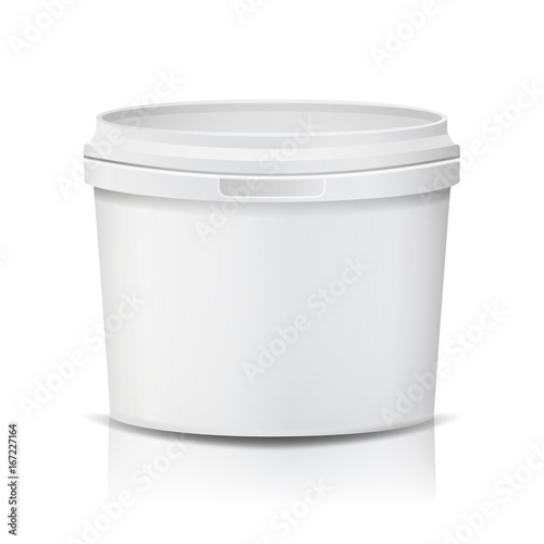 Plastic Bucket Vector. Realistic. Empty Clean. White Plastic Bucket For Dessert, Yogurt, Ice Cream, Sour Sream. Isolated On White Background Illustration