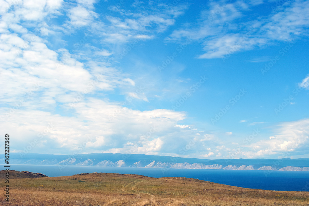 Baikal lake summer landscape, view from a cliff, Russia