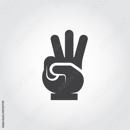 Flat icon hands - three fingers up sign. Number three gesture, body language symbol. Vector illustration on gray background