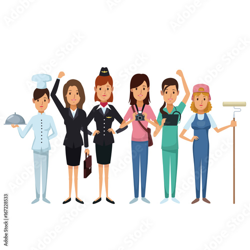white background with group female people of different professions vector illustration