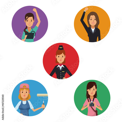 white background with colorful circular frame icons group female people of different professions vector illustration