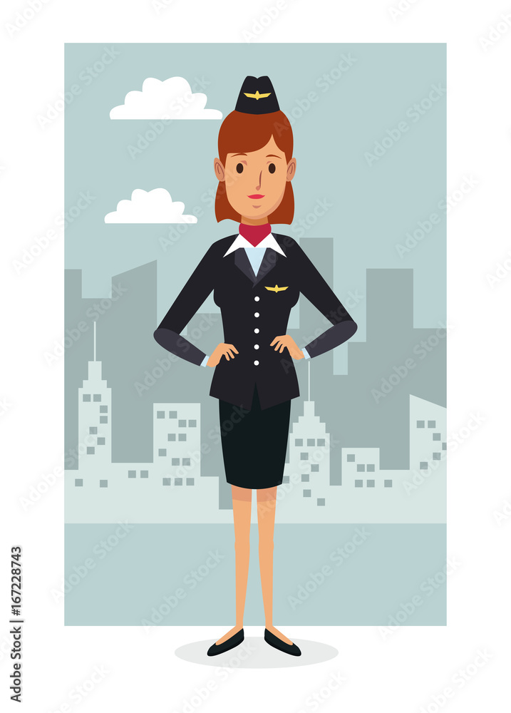 monochrome city landscape frame background with colorful full body woman stewardess vector illustration