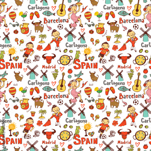 Seamless background with symbols of Spain © azzzya