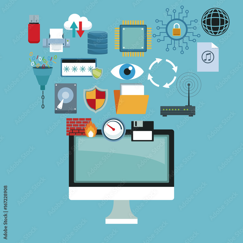 color background with computer display and set collection technology elements vector illustration