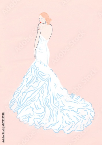 Beautiful Young Bride Wearing Wedding Dress with Pink Background