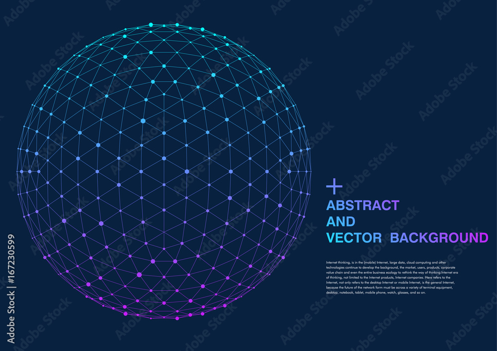 3D polygon mesh sphere, Science and technology background point line ...