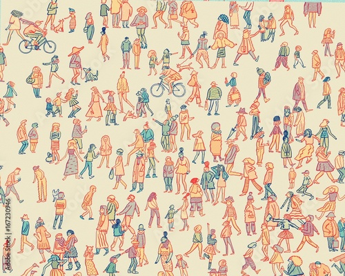 Crowd of Cartoon People Walking and Standing