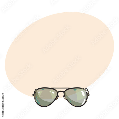 Hand drawn aviator sunglasses in metal frame with green lenses, sketch style vector illustration with space for text. Realistic isolated hand drawing of green aviator sunglasses, front view
