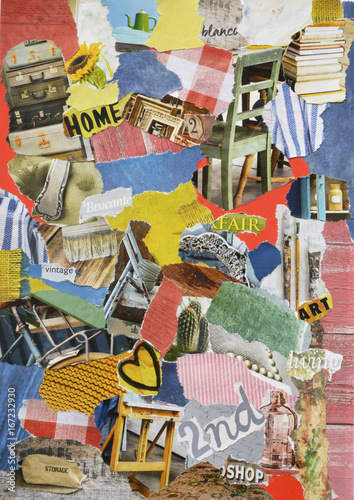 Atmosphere color red, orange, green,, blue and white mood board collage sheet made of teared magazine paper with second hand fair figures in brocante vintage art

