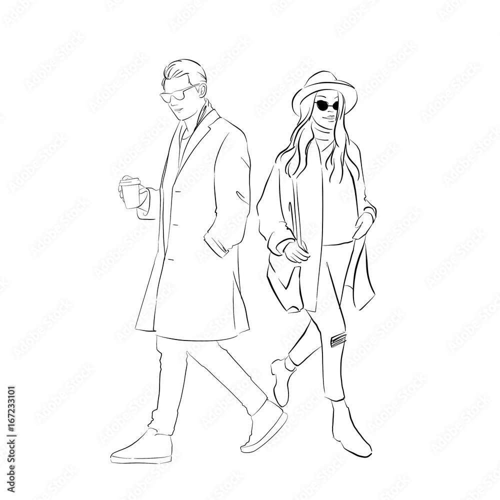 Iconic trendy couple wearing hat and long coat for Fall style