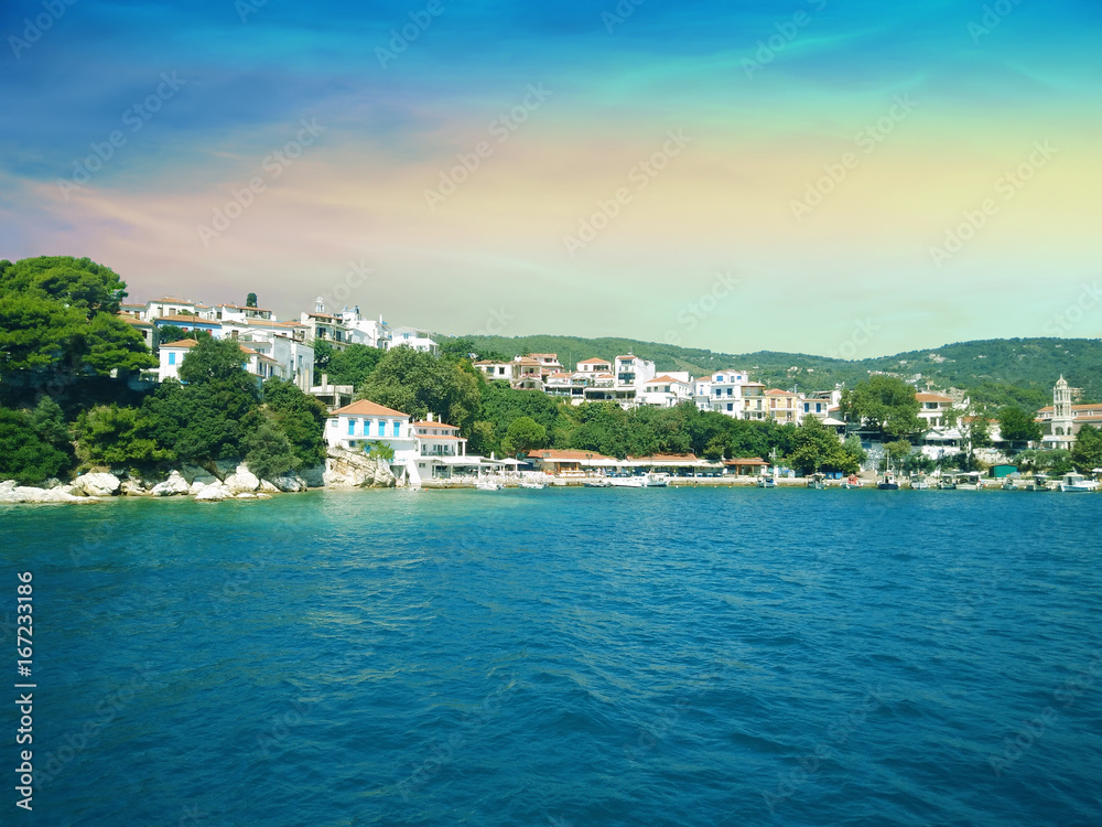 Coast of Skiathos town. Skiathos island, Sporades archipelago. Greece.