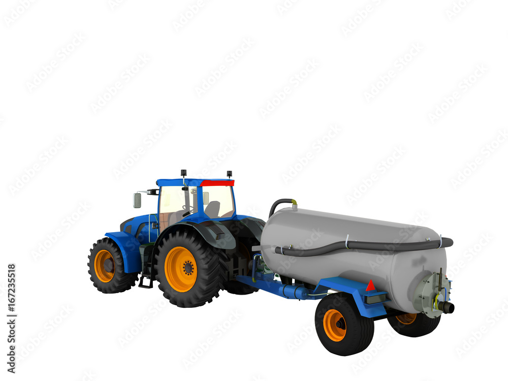 Tractor blue with a barrel of gray 3d render on a white background no shadow Tractor blue with a barrel of gray 3d render on a white background no shadow