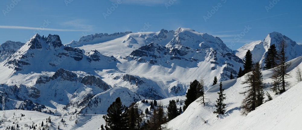 Marmolada group in the dolomites mountains. Italy. Winter season.