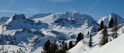 Marmolada group in the dolomites mountains. Italy. Winter season.