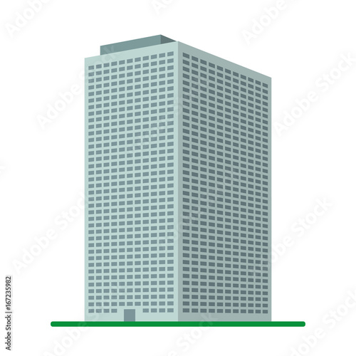 A modern high-rise building on a white background. View of the building from the bottom. Isometric vector illustration.
