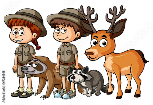 Zookeepers and many animals photo