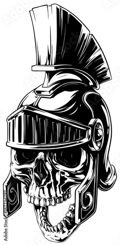 Black and white human skull in roman helmet
