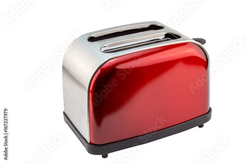 Bright red shiny retro toaster isolated on white
