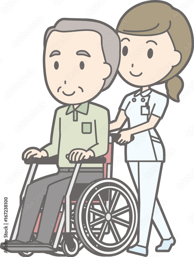 Illustration walking by a nurse wearing a white coat pushing a wheelchair with an aged man Illustration walking by a nurse wearing a white coat pushing a wheelchair with an aged man