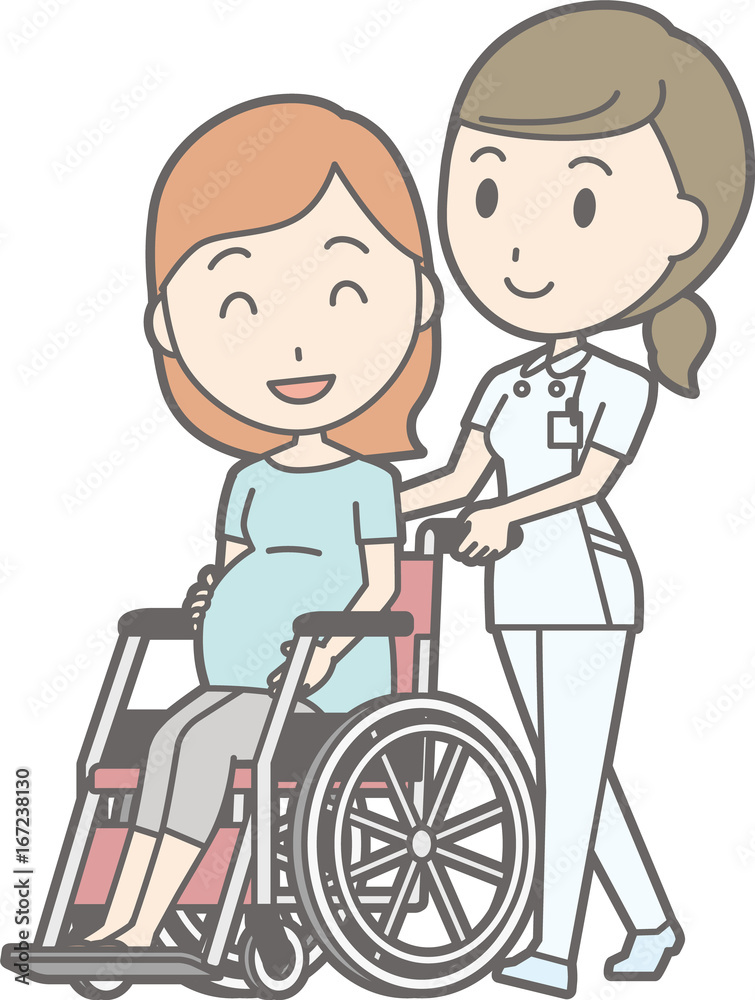 Illustration walking by a nurse wearing a white suit pushing a wheelchair sitting by a pregnant woman