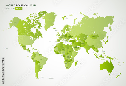 Vector political map with the names of all countries in green gradient color  vector illustration.