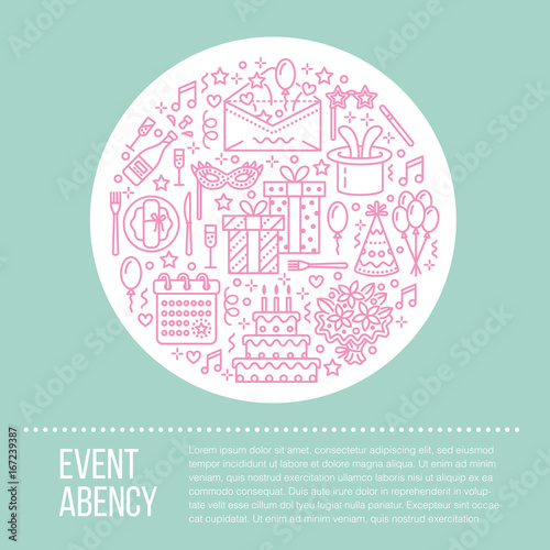 Event agency, birthday party banner with vector line icon of catering, birthday cake, balloon decoration, flower delivery, invitation card, magician. Thin linear sign of party organization service.