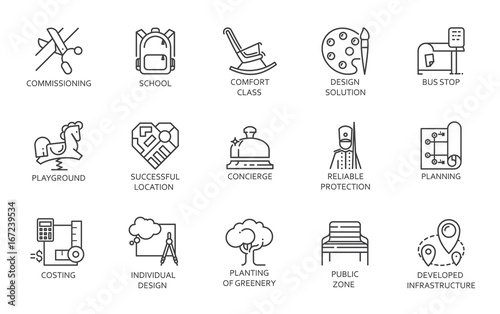 Sale, rent of real estate and public zones mono thin stroke symbols. Set of black icons in linear design. Contour 15 pictographs isolated on white background. Vector illustration