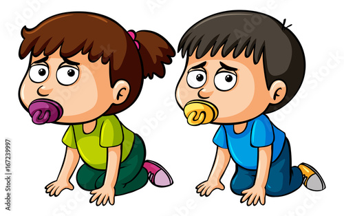 Boy and girl toddlers crawling on floor