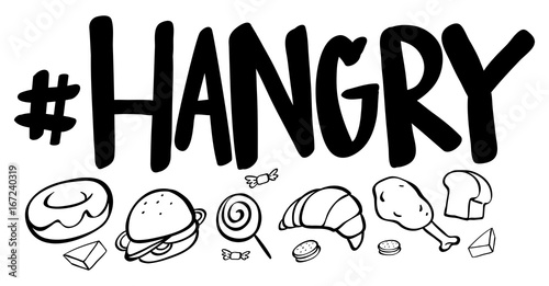 Word expression for hangry with many food photo