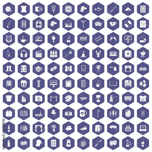 100 leisure icons hexagon purple
