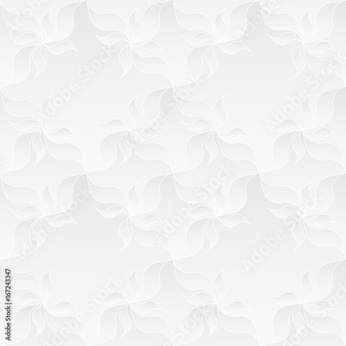 Neutral white texture. Decorative background with 3d pleated paper effect. Vector seamless repeating pattern with floral elements.