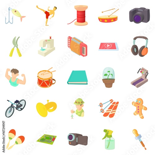 Fun hobby icons set, cartoon style