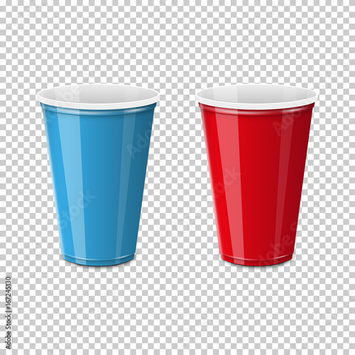 Plastic cup for single use of blue and red on a transparent background. Dishes for liquids consumption. Realistic vector illustration.