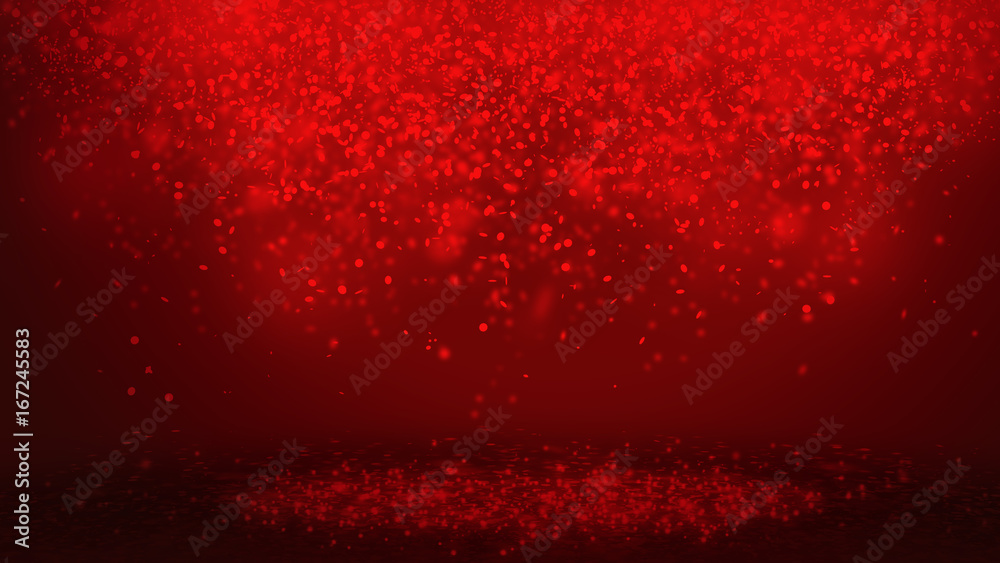 Obraz premium Dark Red sparkle rays lights with bokeh elegant show on stage abstract background. Dust sparks background.