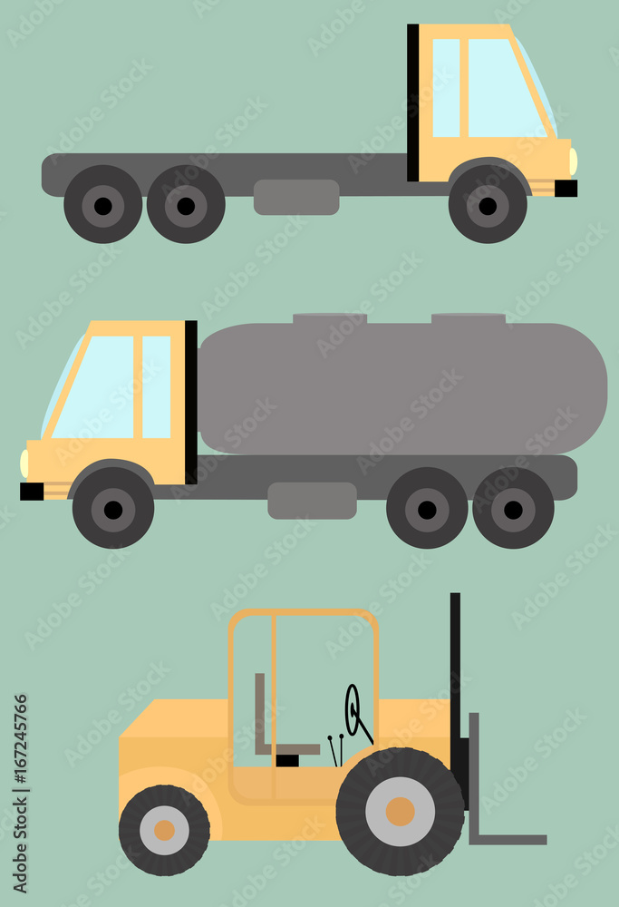 Set of Trucks, tank, lift machine, flat images