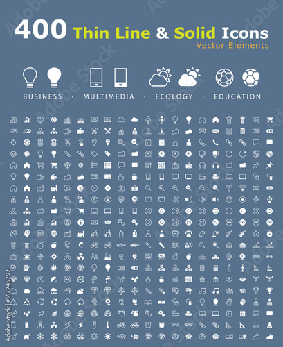 Set of 400 Minimal and Solid Icons ( Business , Multimedia , Ecology and Education ) . Vector Isolated Elements