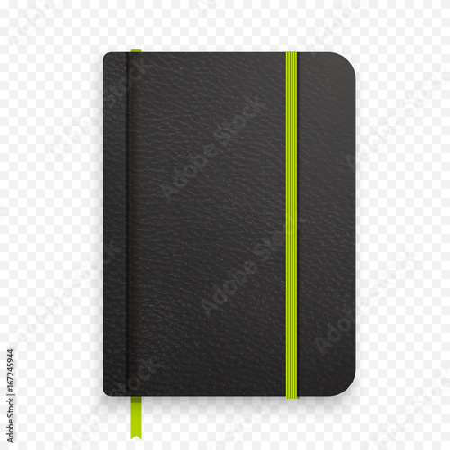 Realistic black notebook with green elastic band. Top view diary template. Closed diary. Vector notepad mockup. photo