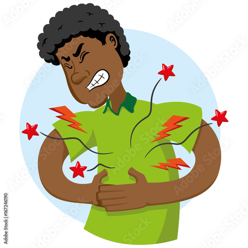 Illustration of mascot Ben afro-descendant, with symptom of pain in the region of the stomach, belly. Ideal for medical and educational materials