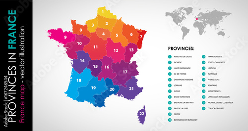Vector map of France and provinces COLOR