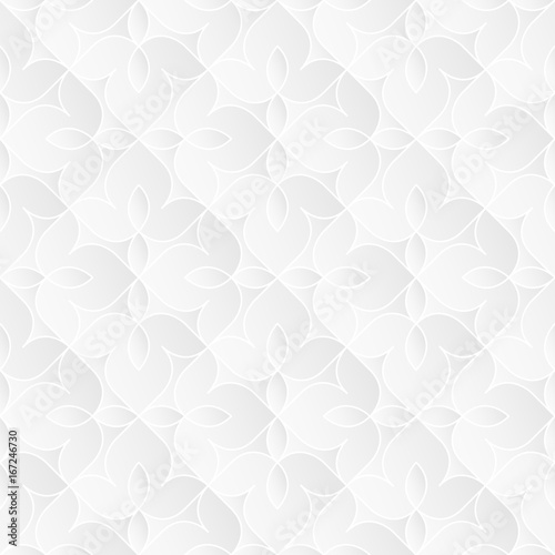 Neutral white texture. Ornamental floral background with 3d folded paper effect. Vector seamless repeating pattern.
