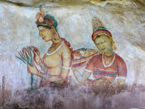 Frescoes of women at Sigiriya rock fortress Sri Lanka