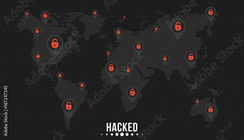 The marks with cracked red locks on the world map of the planet earth. Cybercriminals hacked the network. Soft black background with program code Vector illustration