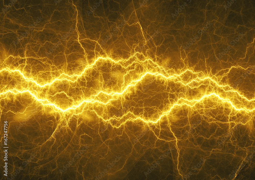 Naklejka premium Golden lightning, electrical energy background