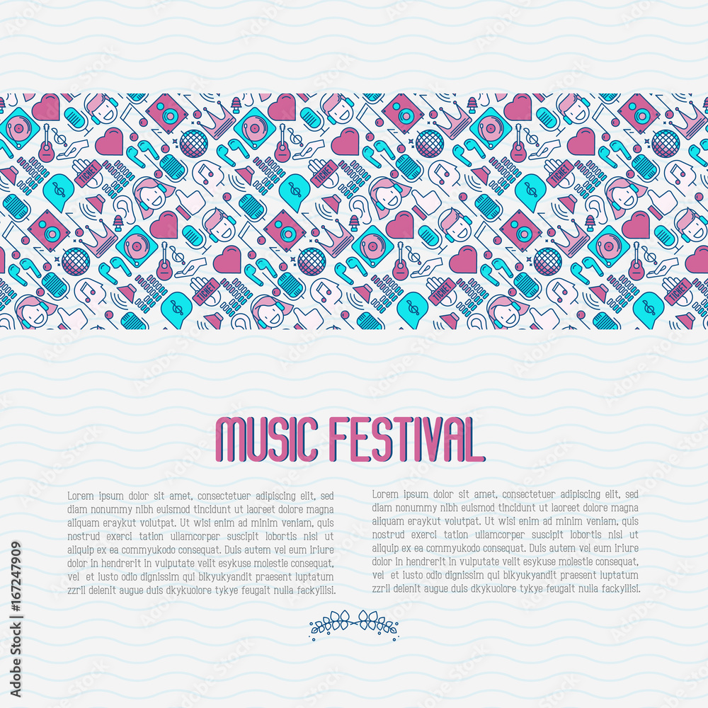 Music festival concept with thin line icons DJ in headphones, vinyl player, disco ball, microphone, tickets. Vector illustration for banner, web page, flyer.