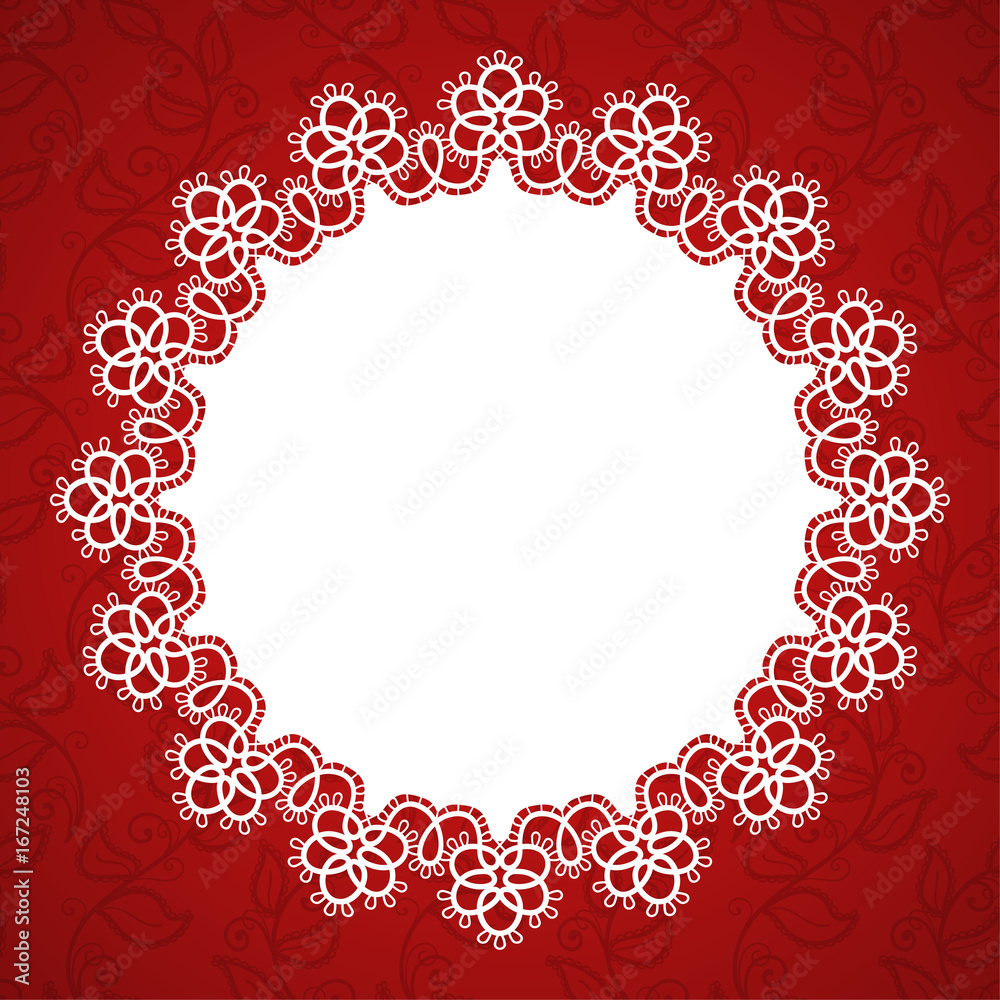 Round lace frame with a place for text. Background for wedding invitation, greeting card. Vector Illustration